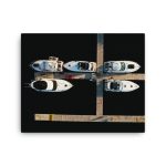 Aerial drone photography canvas print showing boats docked at wooden pier - nautical wall art decor