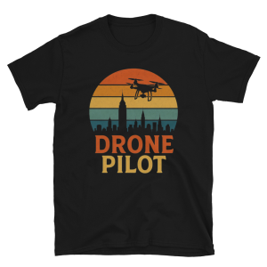 Retro Drone Pilot T‑Shirt Black unisex with sunset circle, city skyline silhouette, quadcopter drone, and bold DRONE PILOT text in orange and yellow