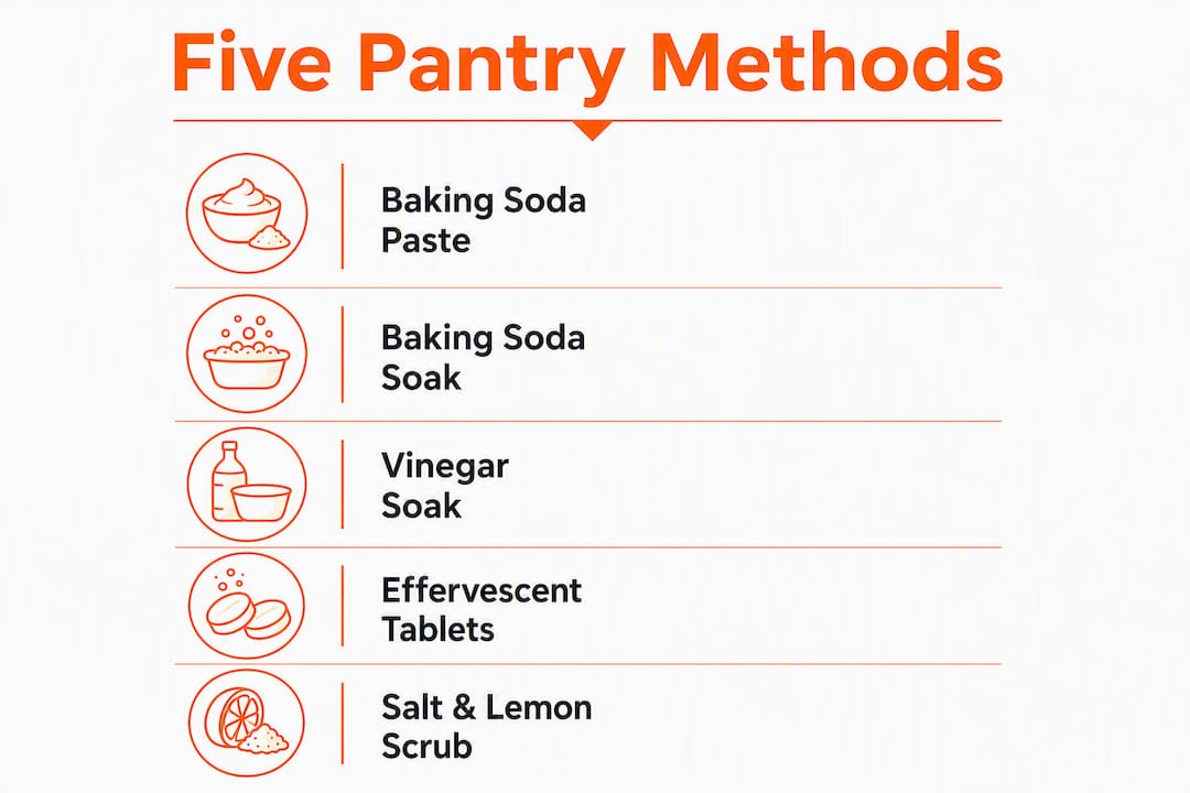 Infographic showing five pantry methods to remove coffee stains from mugs