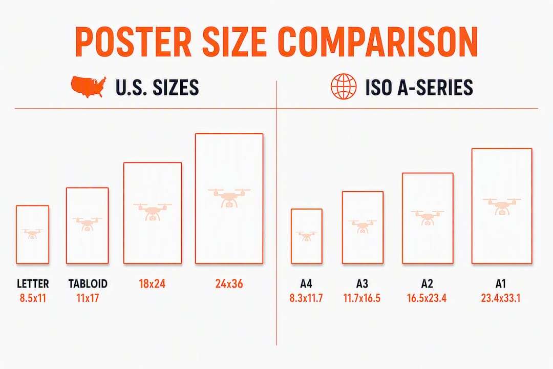 Poster sizes guide: infographic comparing U.S. and ISO poster sizes