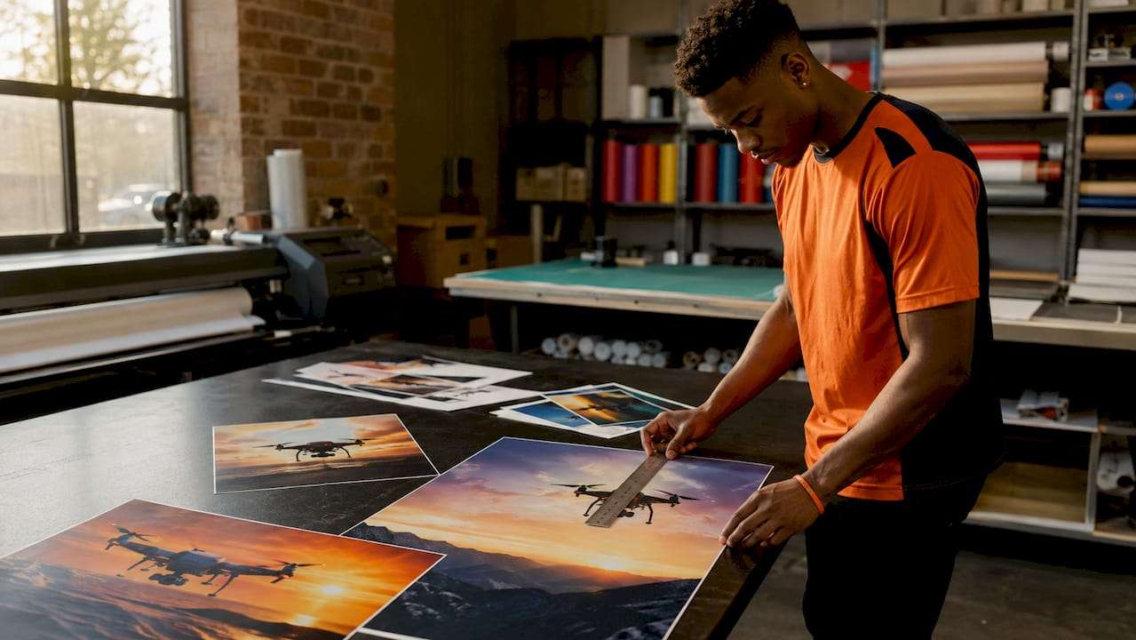 Print shop worker comparing poster sizes