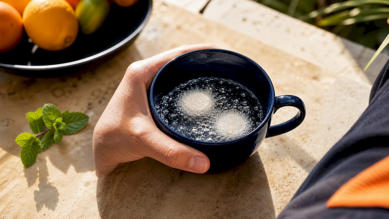 Travel mug soaking with effervescent cleaning tablets