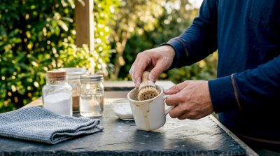 Hands cleaning coffee stains with baking soda paste in mug