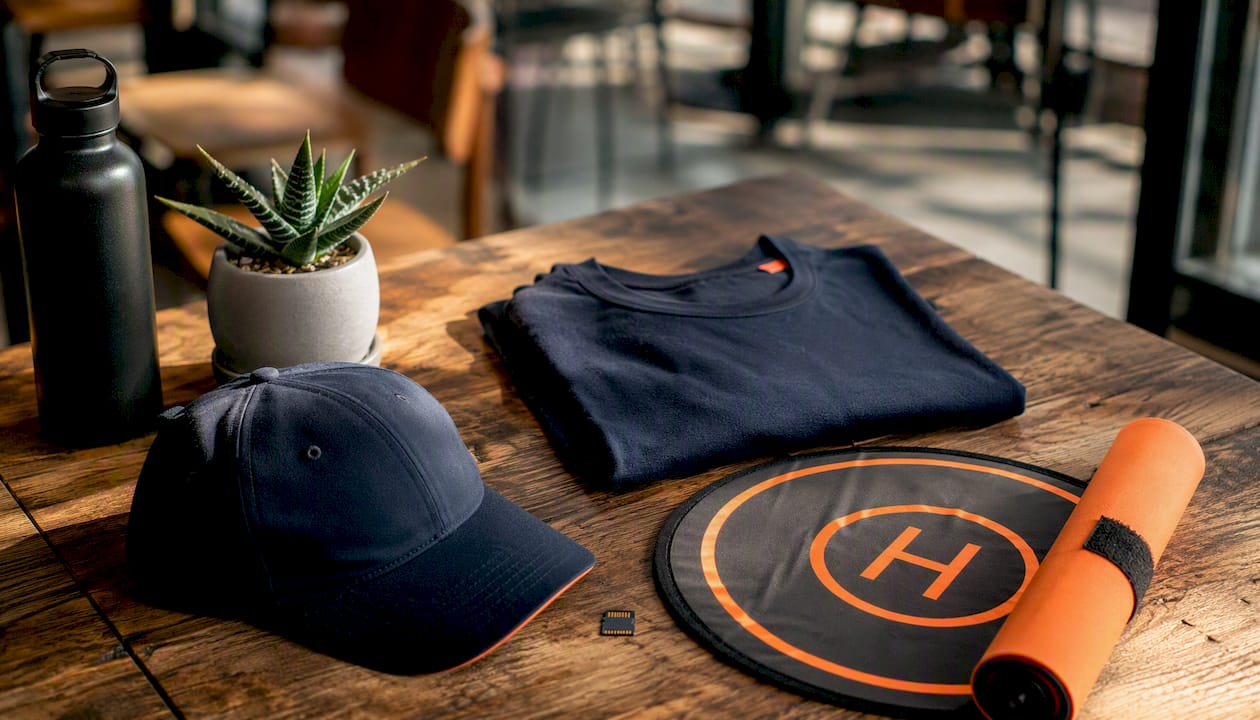 Flat lay of pilot apparel and drone accessories