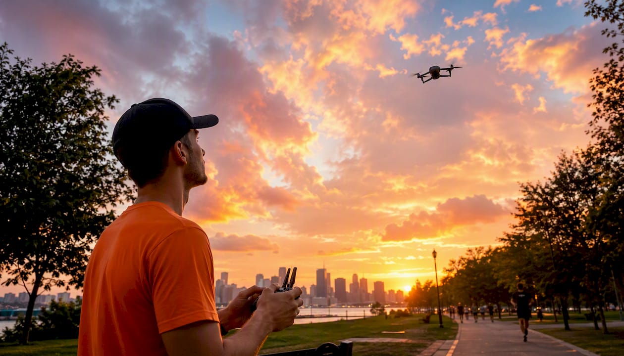 Hobbyist flying drone outdoors in park